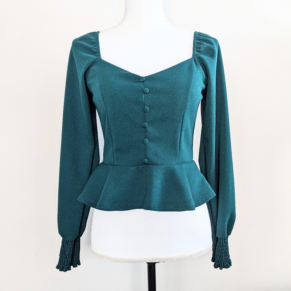 Dark Green Runched Peplum Top. Small. - Picture 1 of 5